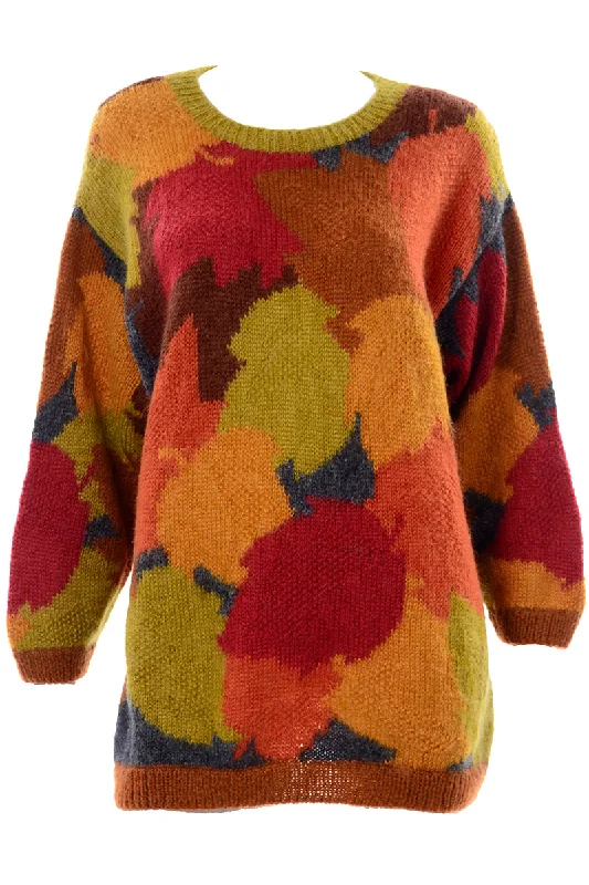 Anne Klein Vintage Mohair Fall Leaf Print Sweater in Red Orange and Green