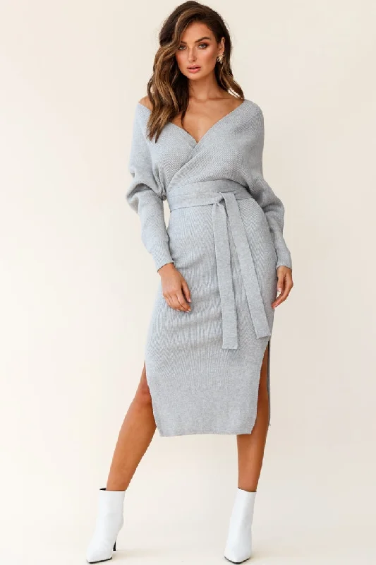 Cameo Batwing Knit Midi Dress Grey