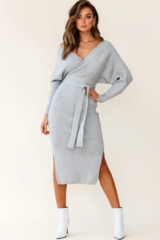 Cameo Batwing Knit Midi Dress Grey