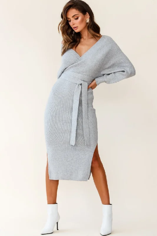 Cameo Batwing Knit Midi Dress Grey