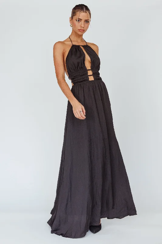 Cyndi Open Back Halterneck Maxi Dress Black