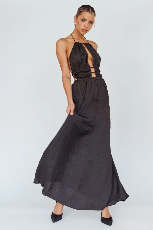 Cyndi Open Back Halterneck Maxi Dress Black