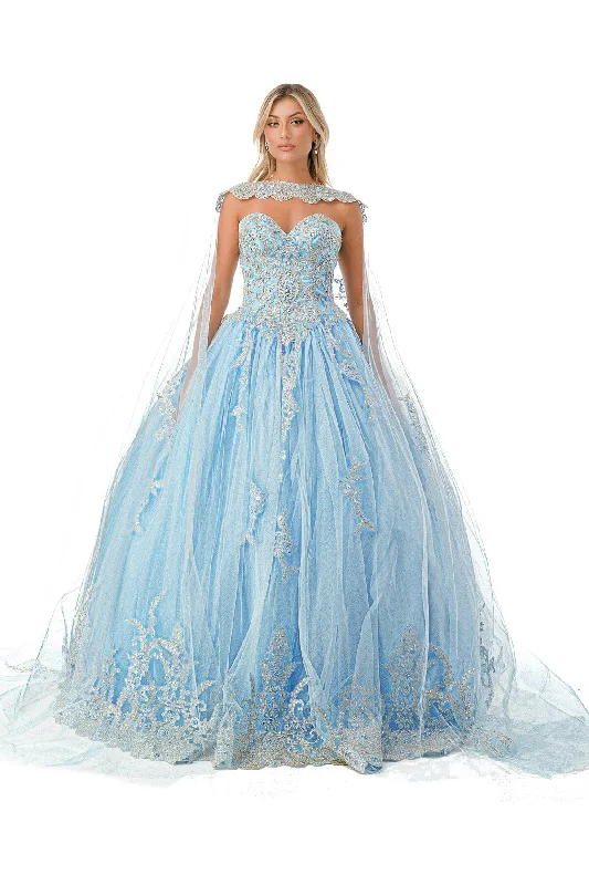 Embroidered Strapless Cape Ball Gown by Coya L2726