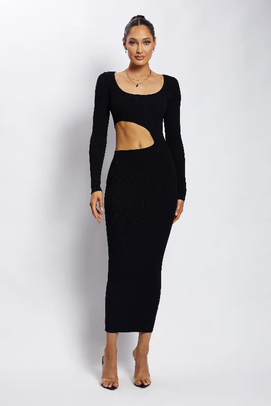 Gaia Cut Out Asymmetric Knitted Midi Dress - Black