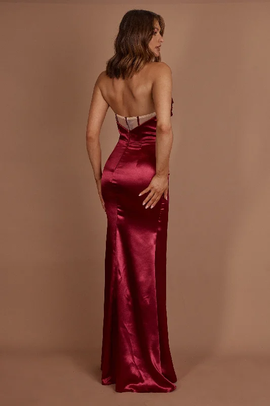 Kalisa Strapless Thigh Split Maxi Dress Burgundy