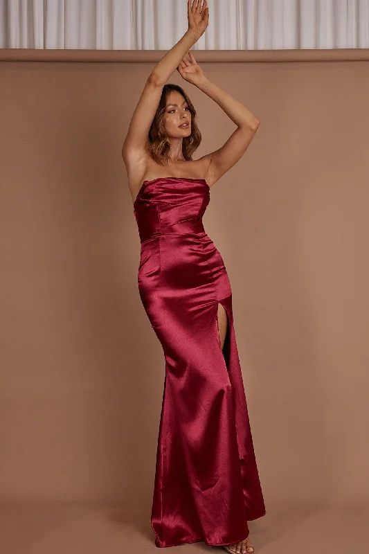 Kalisa Strapless Thigh Split Maxi Dress Burgundy