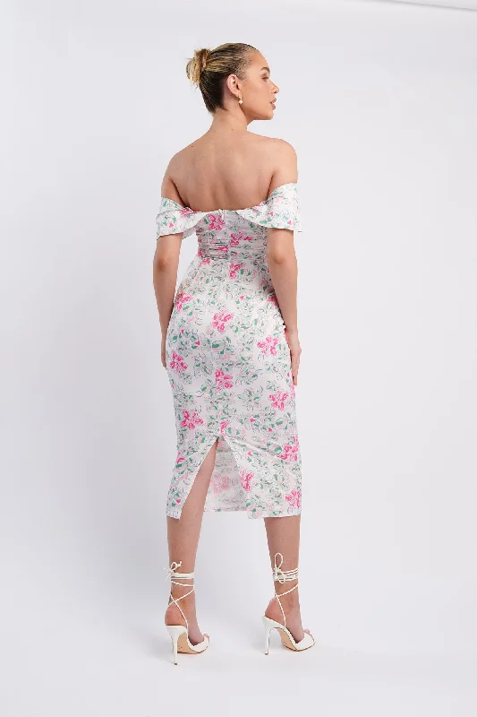 Lillianne Off-Shoulder Midi Dress Floral Pink