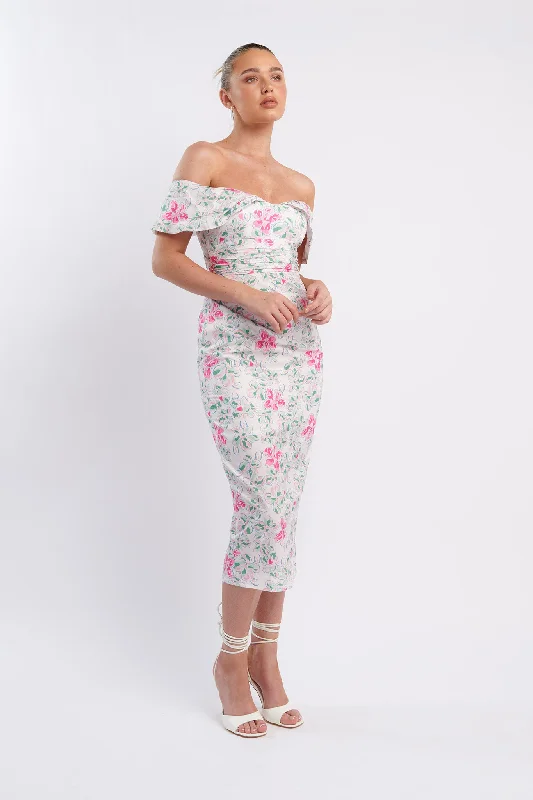 Lillianne Off-Shoulder Midi Dress Floral Pink