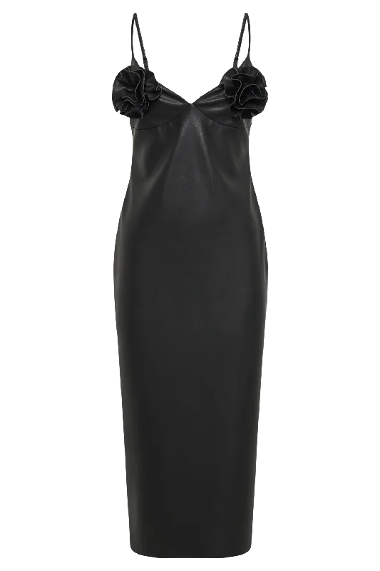 Mariam Faux Leather Rose Midi Dress - Black