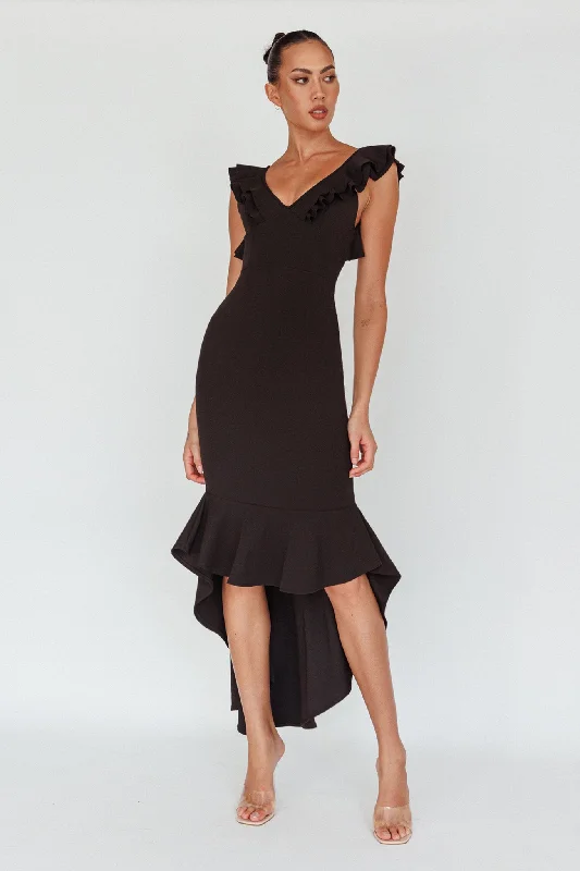 Pearl Ruffle Strap High-Low Hem Dress Black