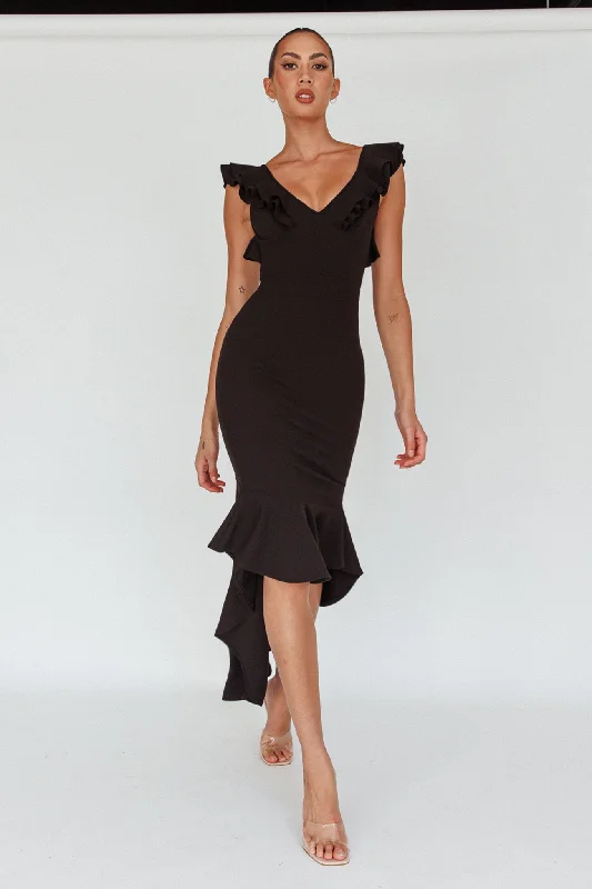 Pearl Ruffle Strap High-Low Hem Dress Black