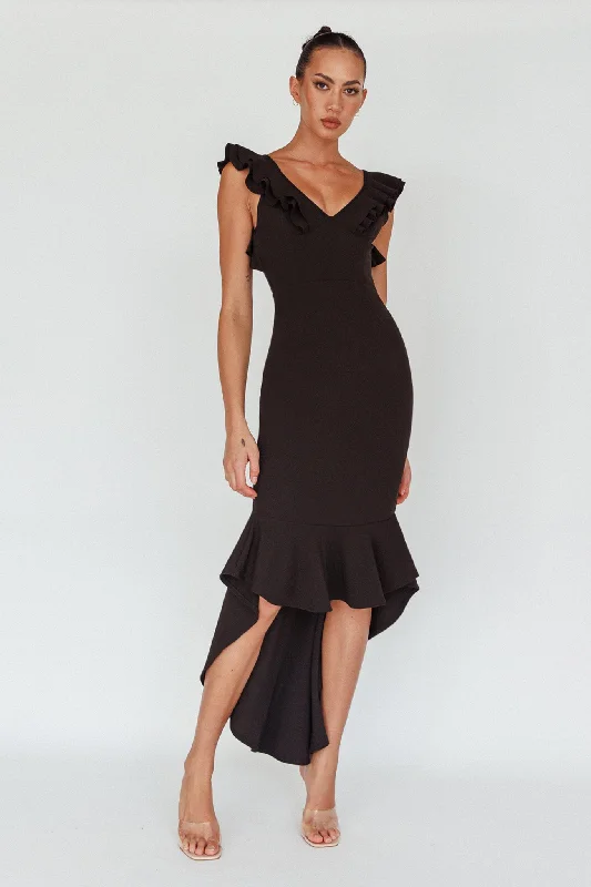 Pearl Ruffle Strap High-Low Hem Dress Black