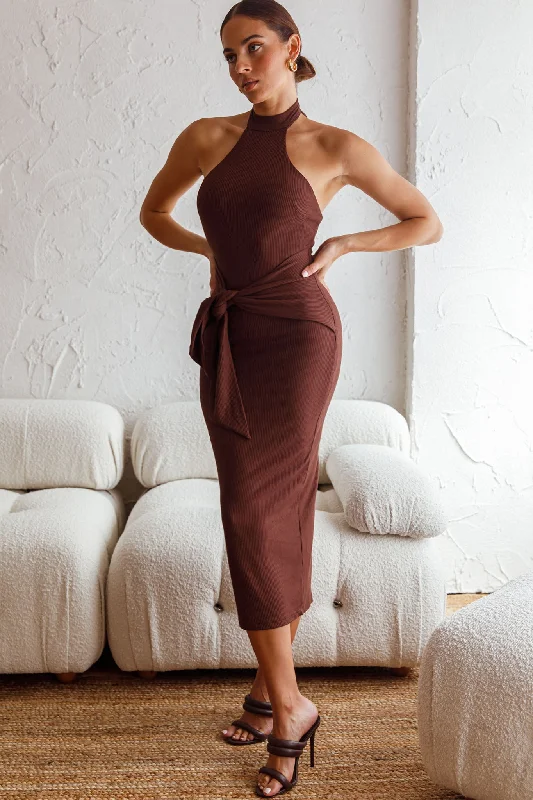 Rapt Waist Tie Halterneck Knit Midi Dress Chocolate