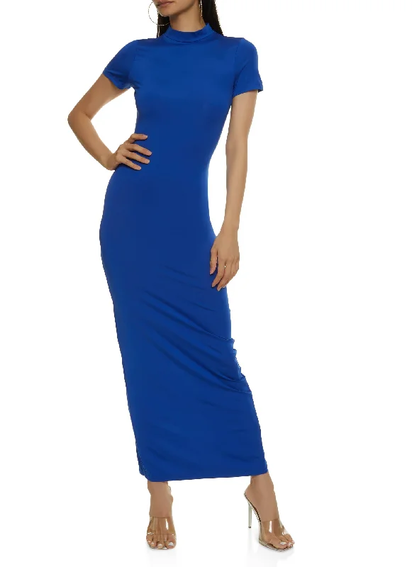 Solid Short Sleeve Mock Neck Maxi Dress