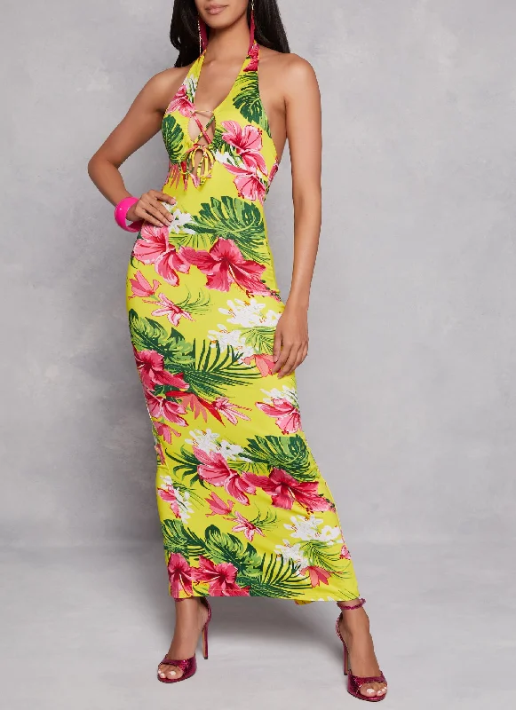 Floral Print Lace Up Front Halter Maxi Dress