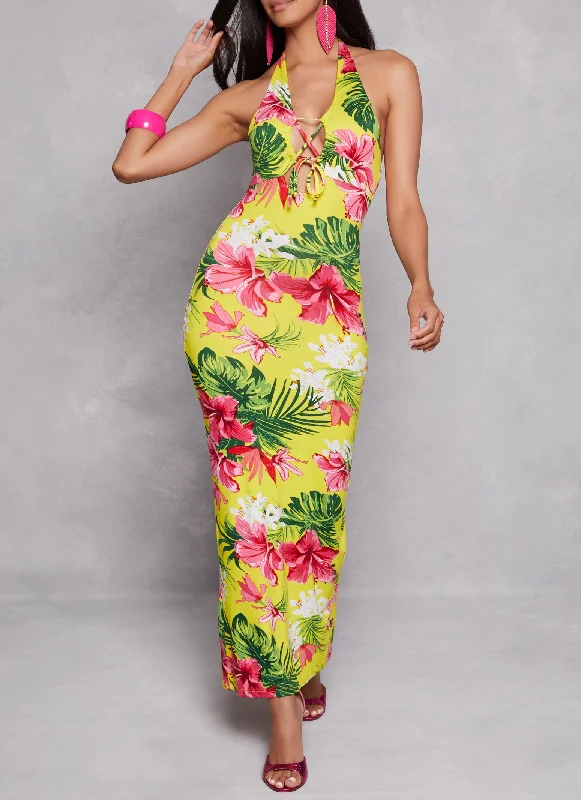 Floral Print Lace Up Front Halter Maxi Dress