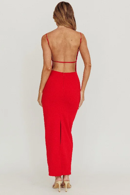 Yindi Backless Boat Neck Maxi Dress Red