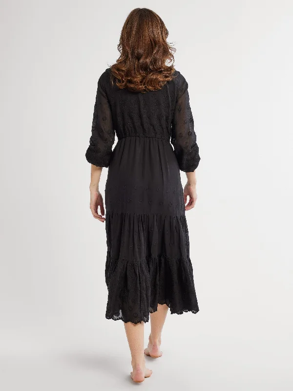 Astrid Dress in Black Petal Embroidery