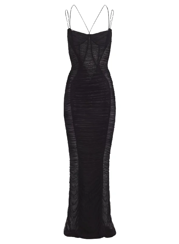 black backless ruched mesh gown