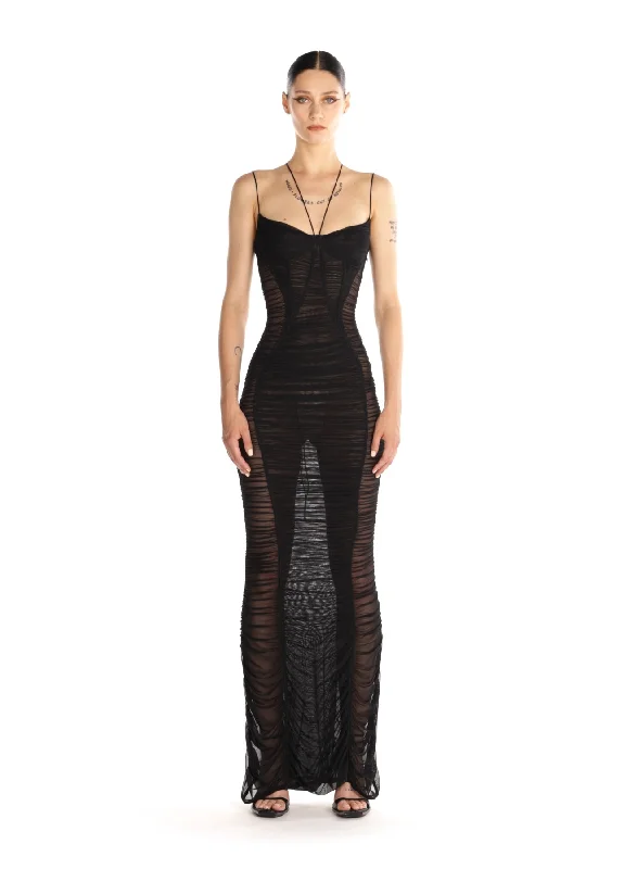 black backless ruched mesh gown