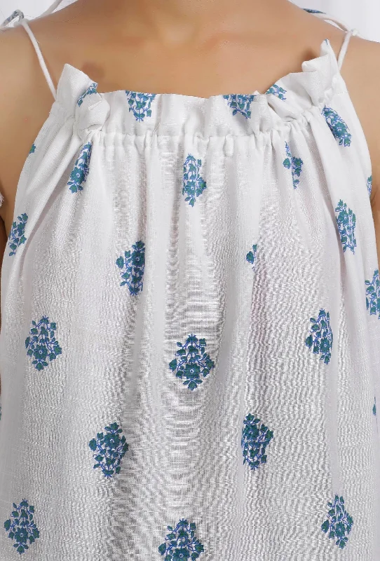 Blue and Green Block Printed Cotton Flared Tier Dress