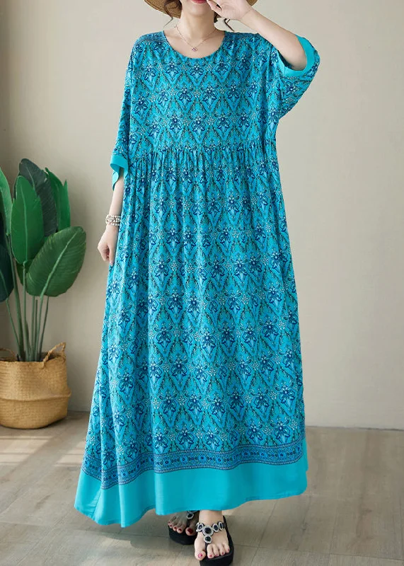 Blue Print Plus Size Cotton Long Dress O Neck Summer AP041