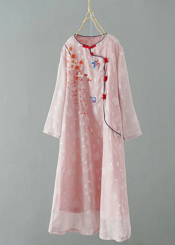 Momentlover Chinese Style Pink Embroideried Patchwork Chiffon Dress Spring LY1725