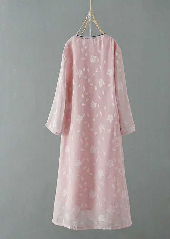 Momentlover Chinese Style Pink Embroideried Patchwork Chiffon Dress Spring LY1725