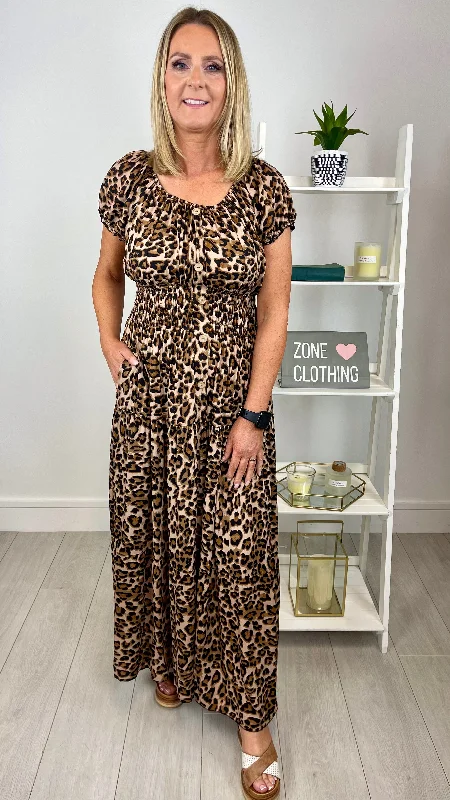 Ella - Leopard Print Button Pocket Maxi Dress