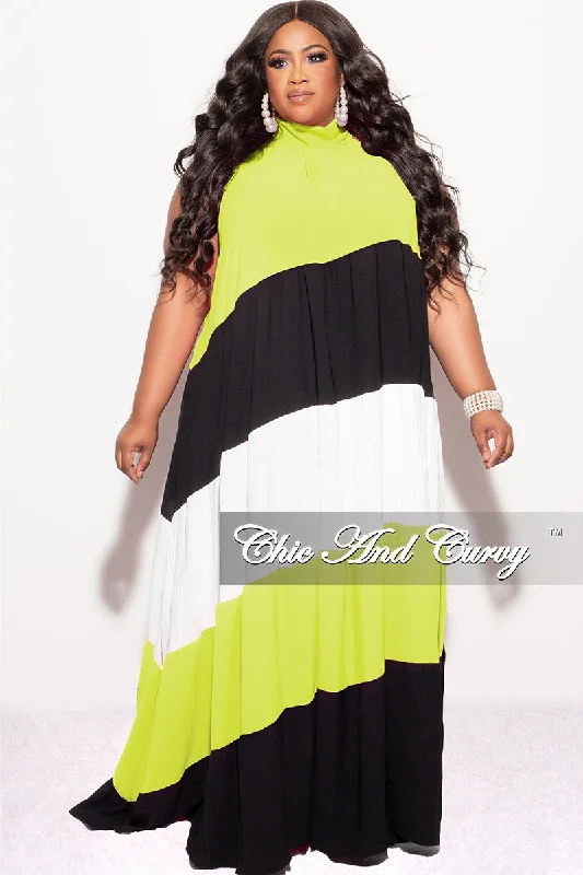 Final Sale Plus Size Halter Maxi Dress In Lime Black and White