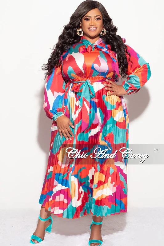 Final Sale Plus Size Neck Tie Pleated Dress in Multi Color Design Print