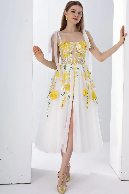 Corset Yellow Floral Applique Ivory Slit Dress with Tie Straps