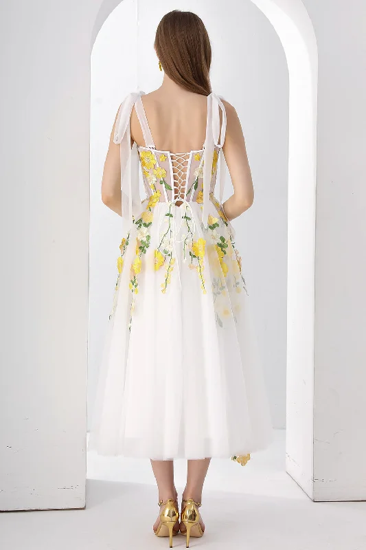 Corset Yellow Floral Applique Ivory Slit Dress with Tie Straps