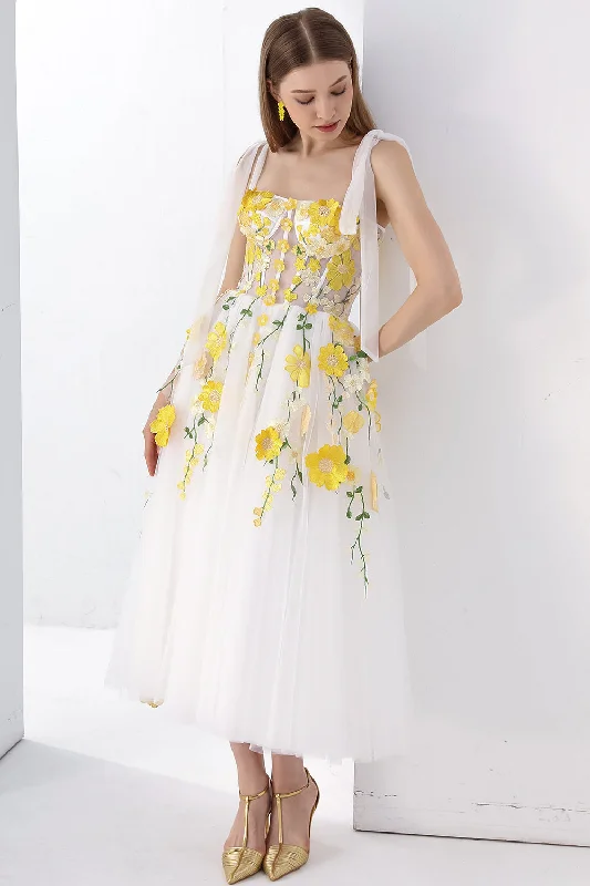 Corset Yellow Floral Applique Ivory Slit Dress with Tie Straps