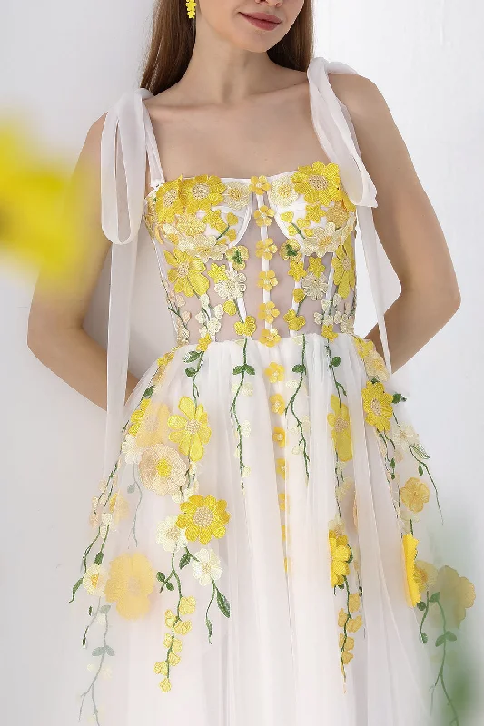 Corset Yellow Floral Applique Ivory Slit Dress with Tie Straps