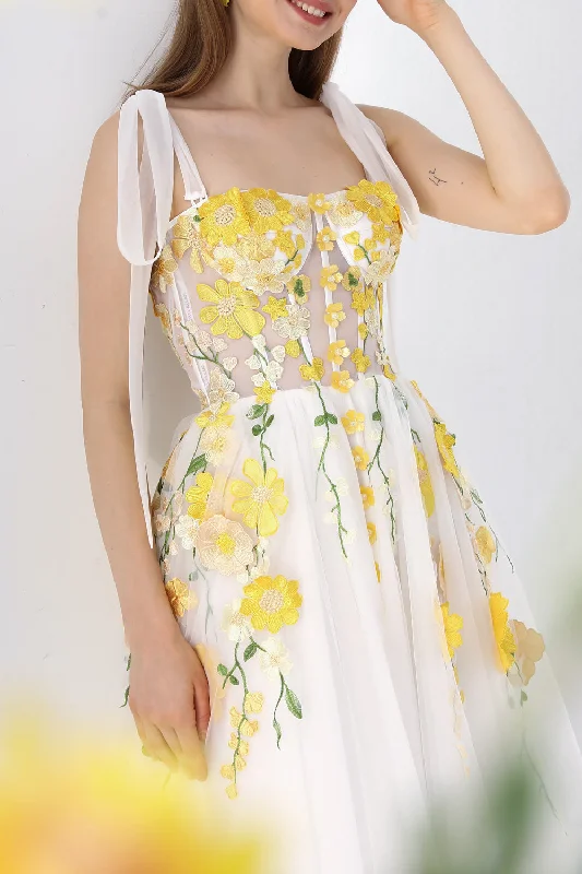 Corset Yellow Floral Applique Ivory Slit Dress with Tie Straps