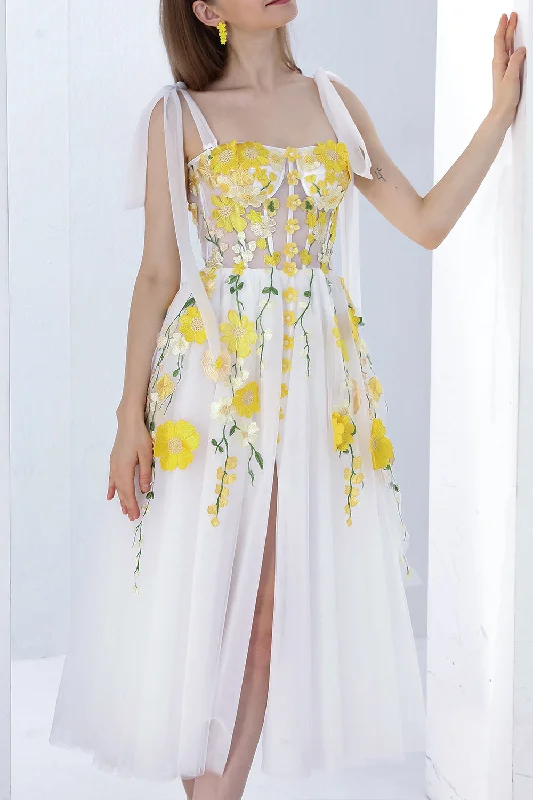 Corset Yellow Floral Applique Ivory Slit Dress with Tie Straps