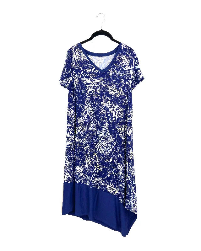 Navy Blue Tropical Print Short Sleeve Midi Dress - Size 6/8