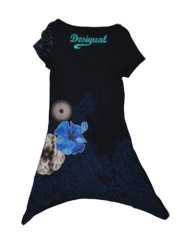 DESIGUAL Womens Tunic Dress UK 10 Small Navy Blue Floral Cotton