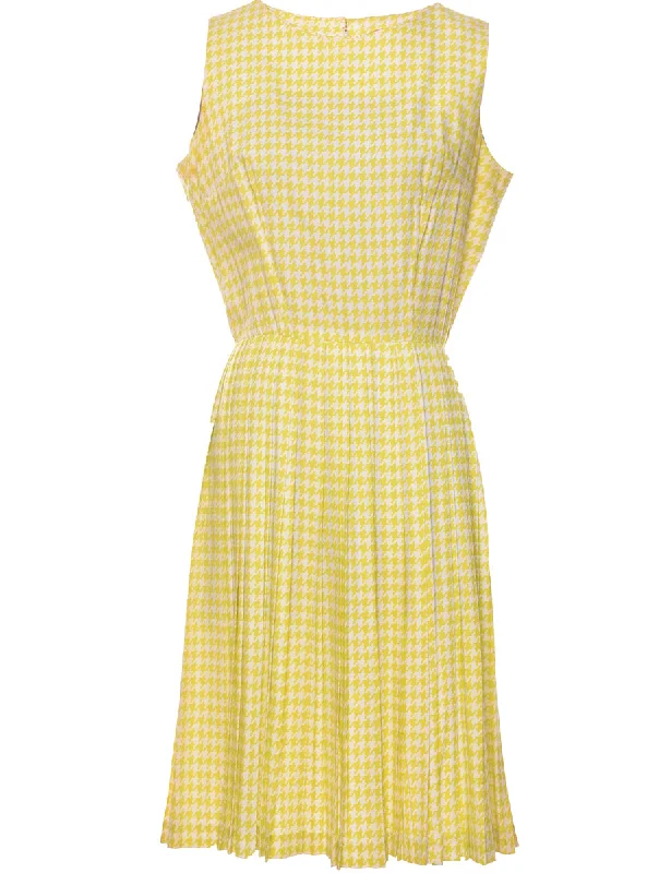 Dogtooth Design Yellow & White 1950s Midi Dress - M