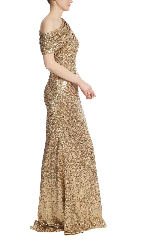 Draped One-Shoulder Sequin Gown - Gold