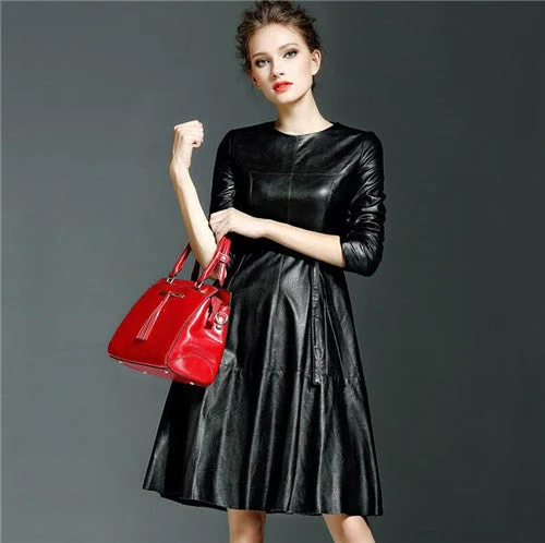 Fashion Yellow Black Pu Leather Dress Women Spring Leather Formal Bow Dresses Outerwear Long Sleeve Ladies Soft PU Dress