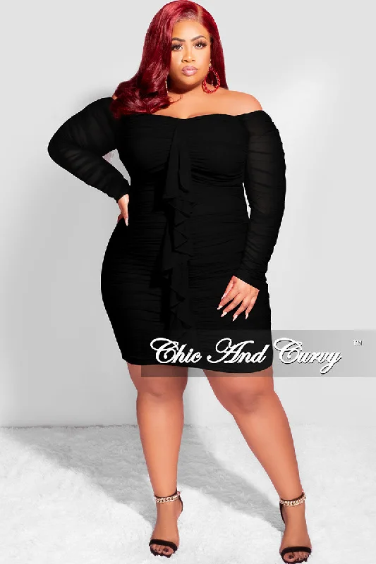 Final Sale Plus Size Ruched Off The Shoulder Mini Dress with Center Sash in Black Mesh