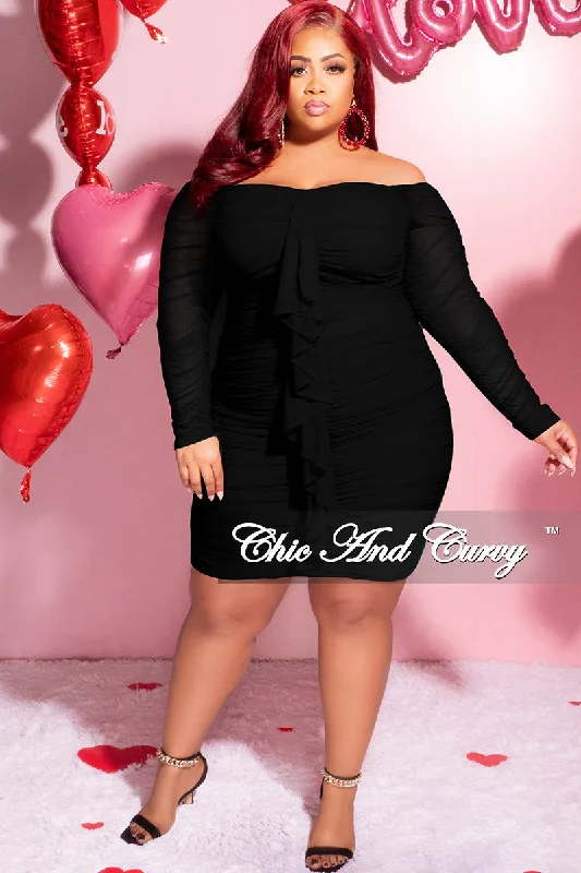 Final Sale Plus Size Ruched Off The Shoulder Mini Dress with Center Sash in Black Mesh