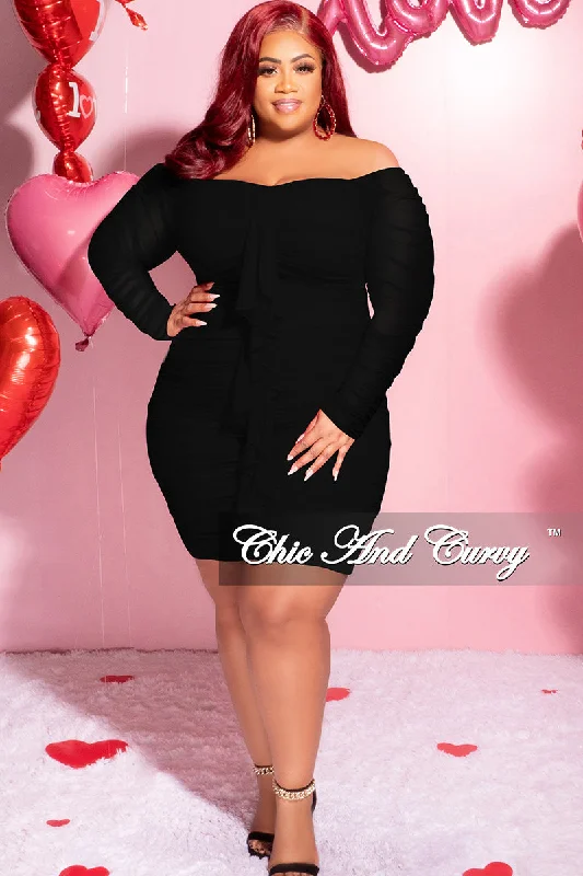 Final Sale Plus Size Ruched Off The Shoulder Mini Dress with Center Sash in Black Mesh