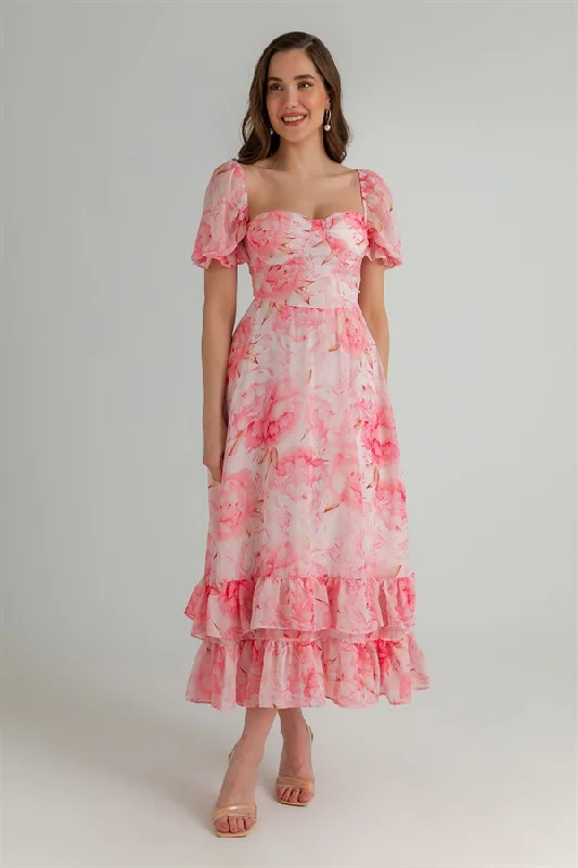 Floral Pattern Tiered Chiffon Dress - PINK  REF : BCS093ELB0001103