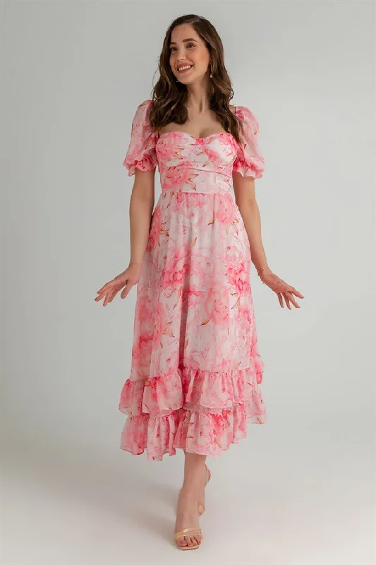 Floral Pattern Tiered Chiffon Dress - PINK  REF : BCS093ELB0001103