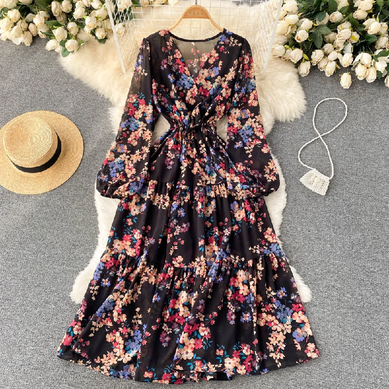 Floral Print OL Dress Summer Women Elegant Long Lantern Sleeve Robe Vintage   S551