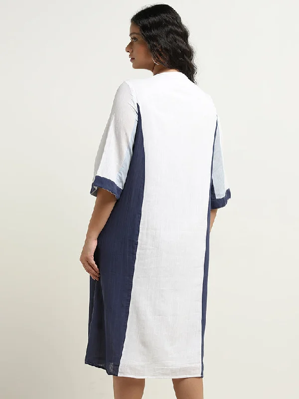 Gia Curves White Colour Blocked Casual Cotton Straight Dress