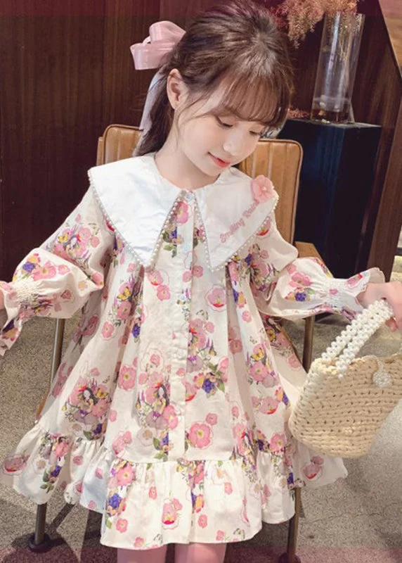 Handmade Apricot Print Nail Bead Girls Mid Dress Long Sleeve SS1044